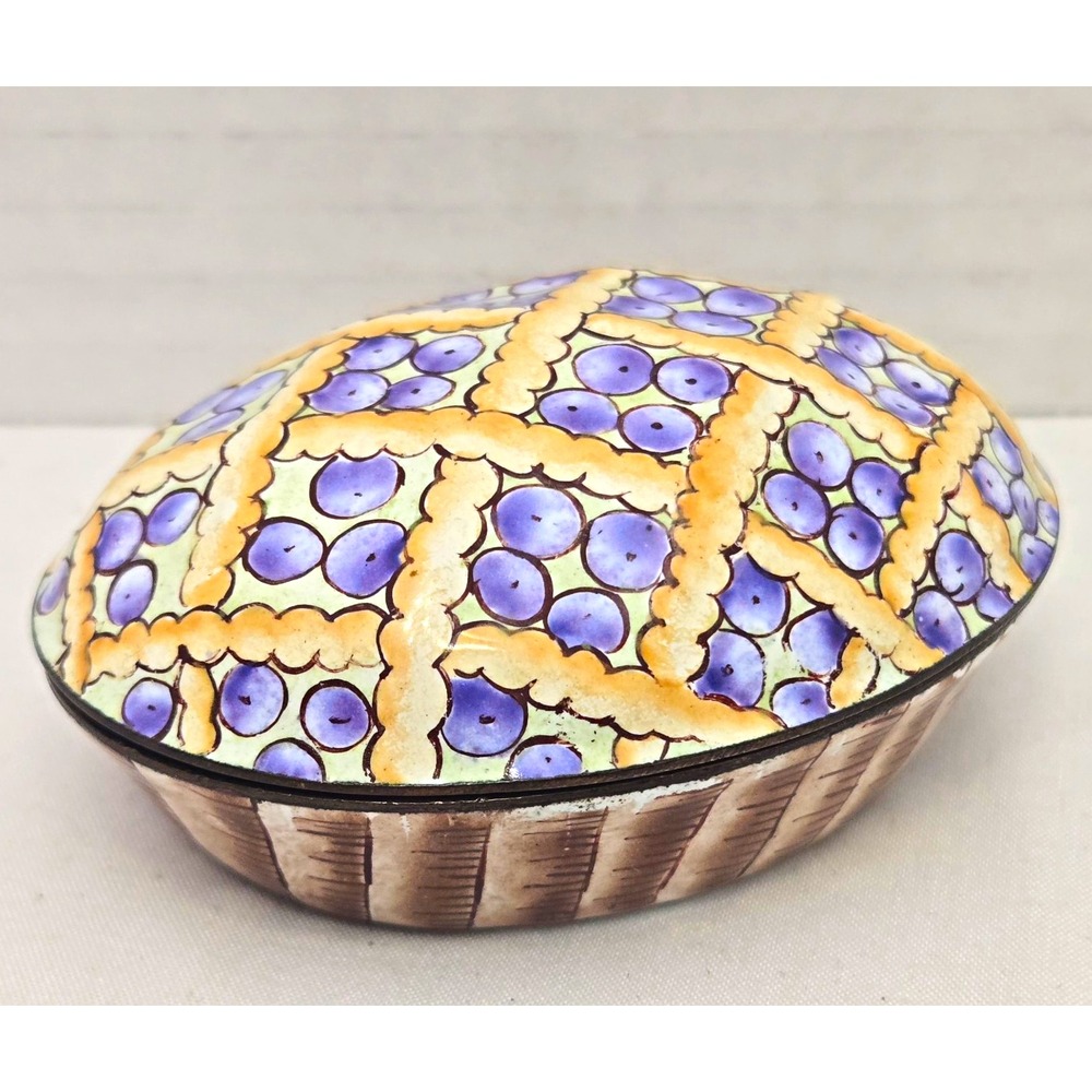 Vintage Hand Painted Enamel Blueberry Pie Trinket Box Miniature Brass Copper 3"